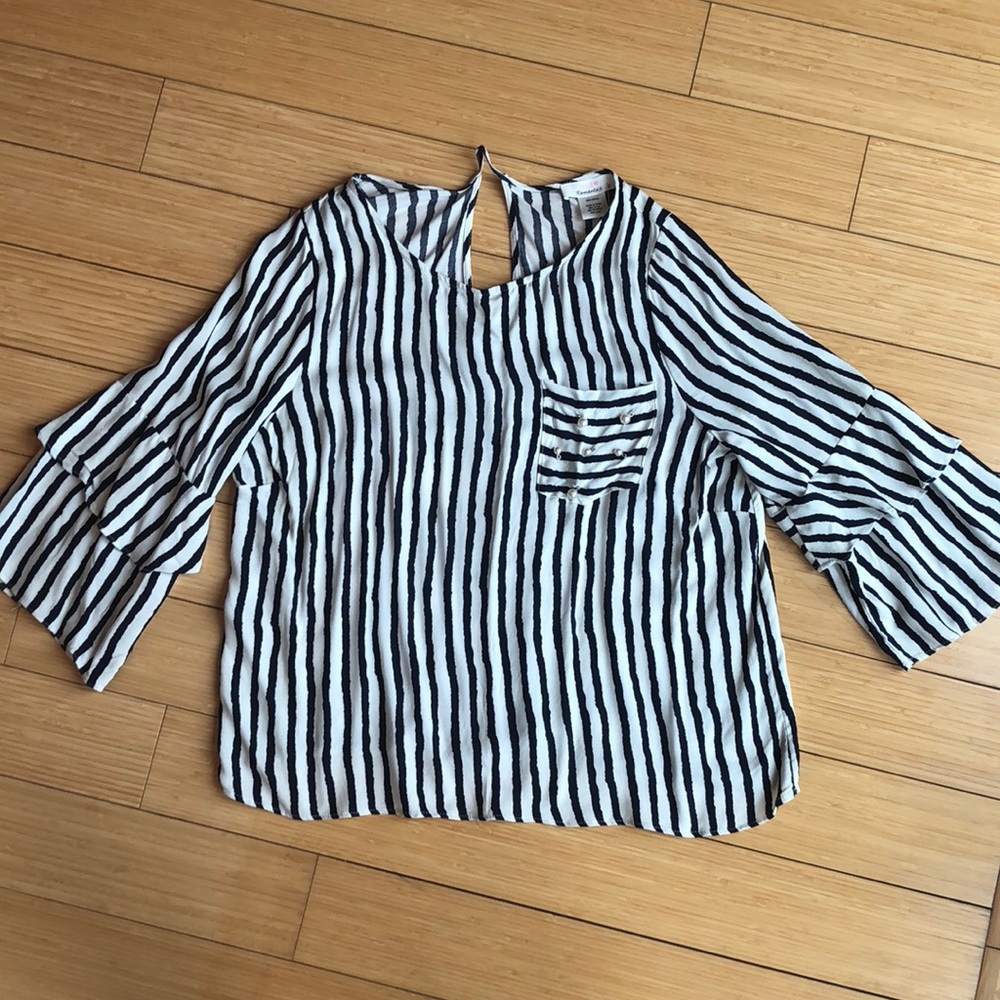 Navy and white Striped Blouse with Pearl Detail